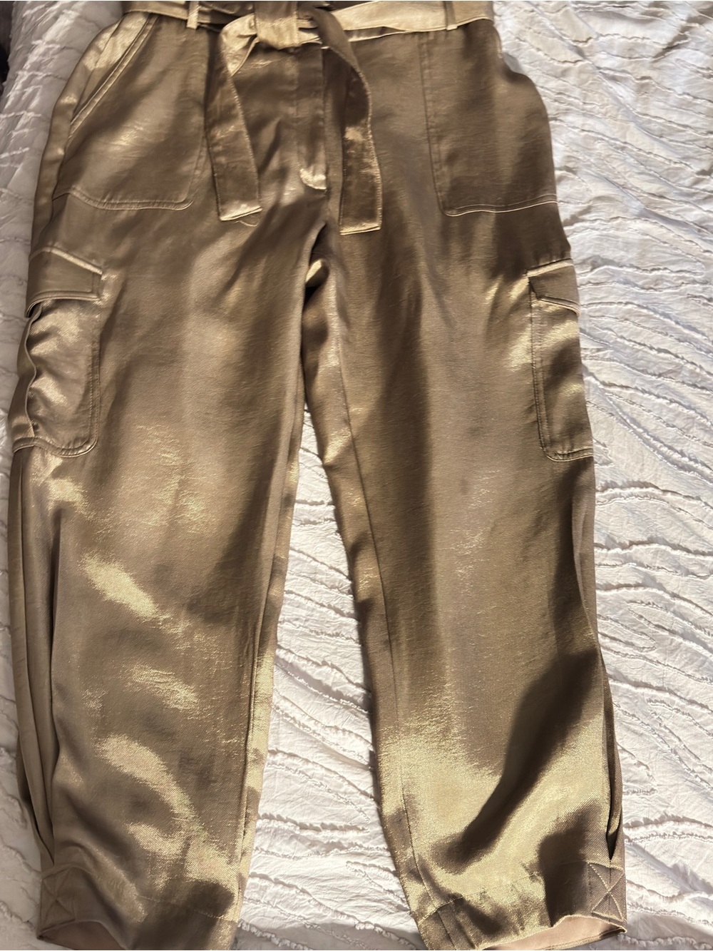 Express Women’s Metallic Gold Cargo Pants with tie waste size 12